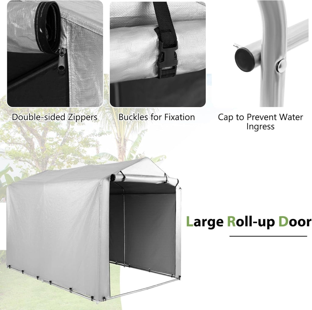 Capanno da Giardino 218 X 160 X 164 CM, Tenda Garage per Bici Moto Attrezzi, con Copertura en PE Impermeabile, Porta con Cerniera, Telaio in Metallo, Picchetti, per Esterno (Grigio Chiaro)