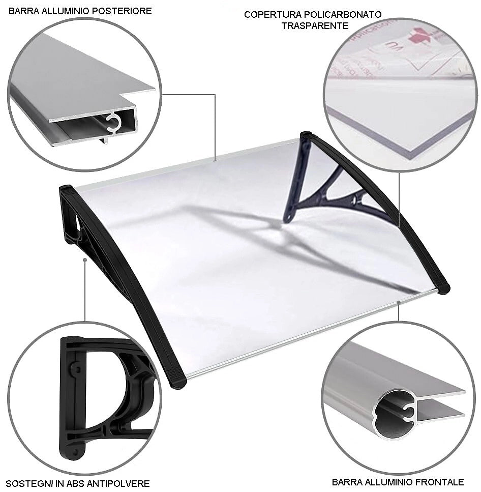Pensilina Tettoia 100x80 Cm Esterno Porta Ingresso Trasparente Modulare Tetto Copertura Policarbonato