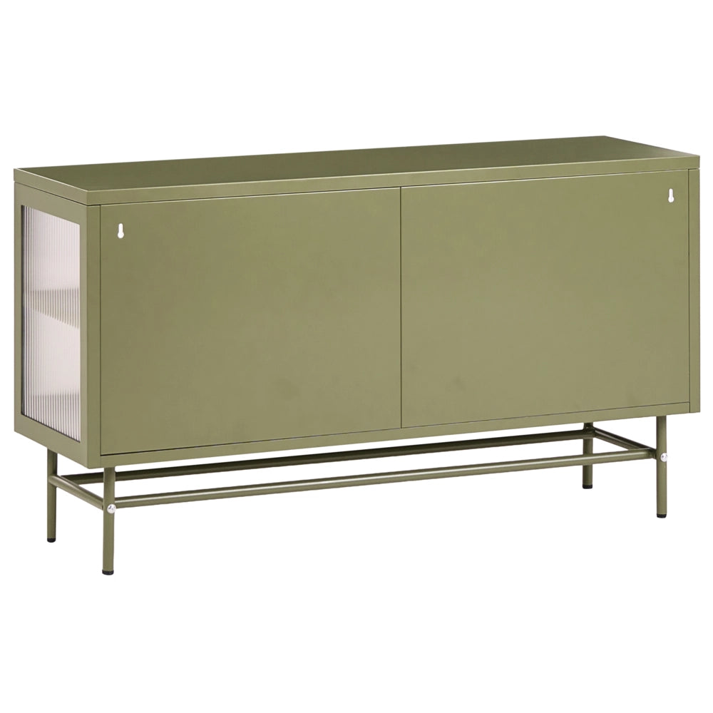 Credenza a 3 ante in metallo verde e vetro con ripiani 115 x 35