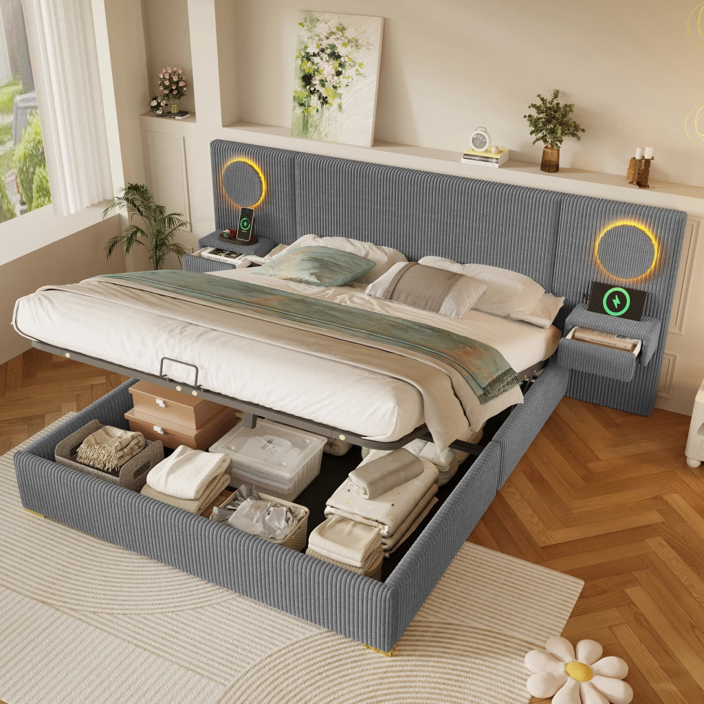 Letto matrimoniale 180 × 200 cm con contenitore idraulico, LED e USB, senza materasso, in velluto, grigio