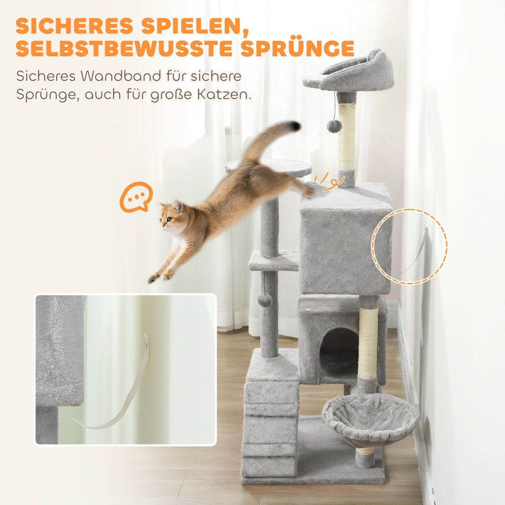 Albero tiragraffi per gatti con piattaforme e amaca ¨C zephmum ¨C naturale 160x80x160