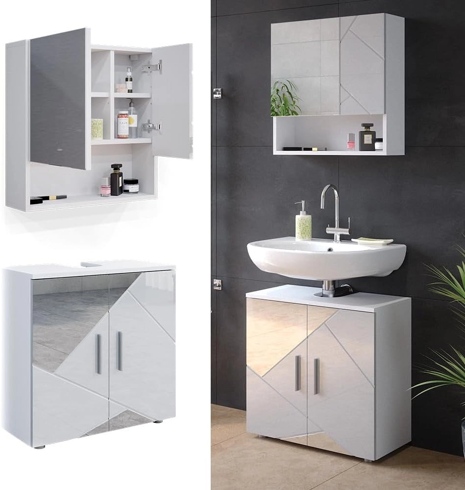 Set mobili bagno Irma, Bianco lucido con inserti, 80 cm, composto da specchio da bagno e mobile sottolavabo
