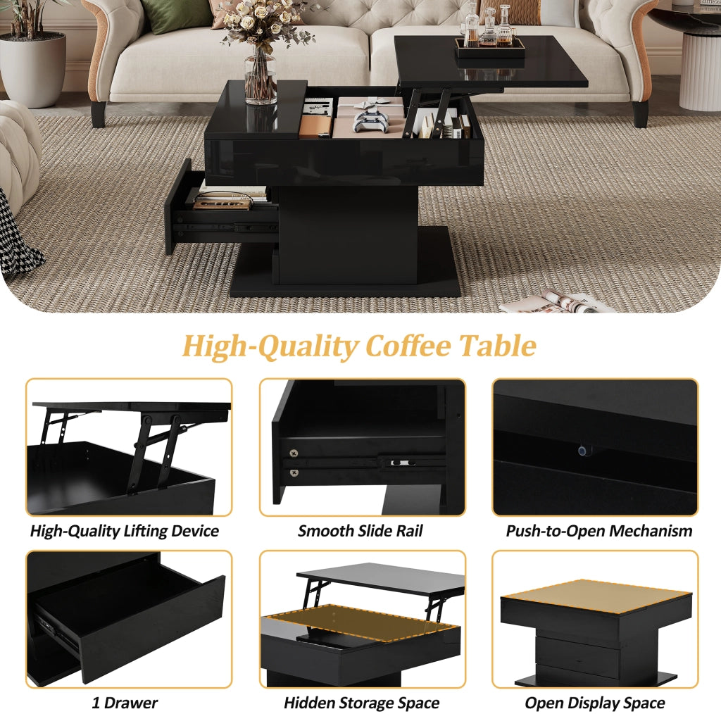 Tavolino da caffè con 1 cassetto; piano alzabile e rotante - per soggiorno - in truciolare - 70x70x45 cm - nero