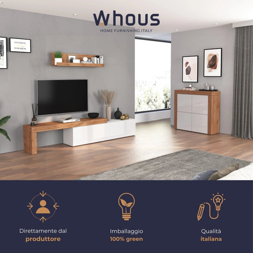 WHOUS Credenza Chronos 3 ante e 1 vano bianco lucido e rovere 155x40x85 cm