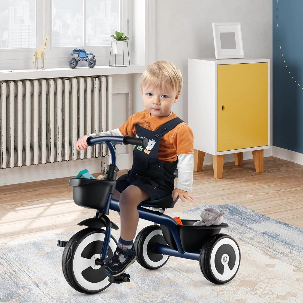 Triciclo Bambino 1-5 Anni, Triciclo Evolutivo con Sedile Comodo Regolabile in 2 Posizioni, Struttura a Triangolo Stabile, 2 Cestini di Stoccaggio, Ruote Antiscivolo, Carico 25 KG (Blu Scuro)