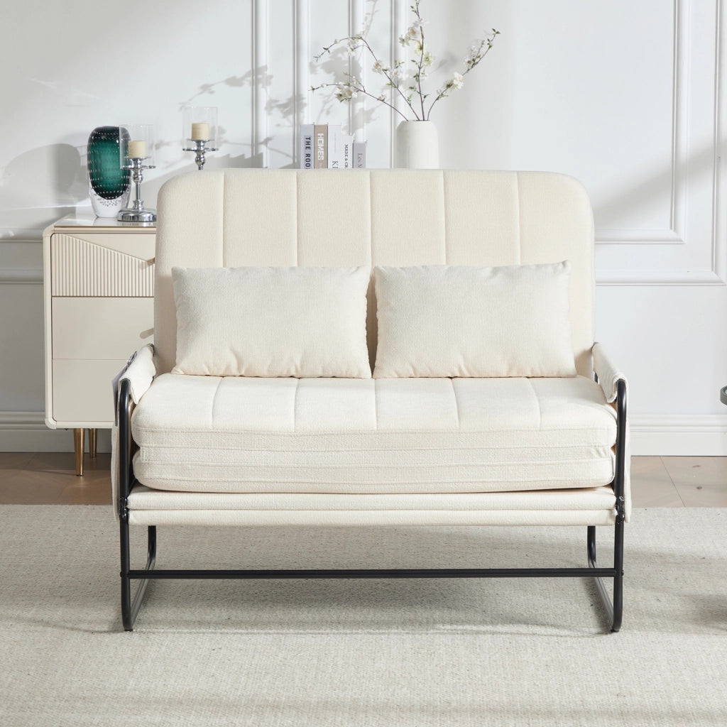Klappsofa Beiger Chenille – Multifunktionales Zweisitzer-Sofa mit Metallgestell und Stauraum
