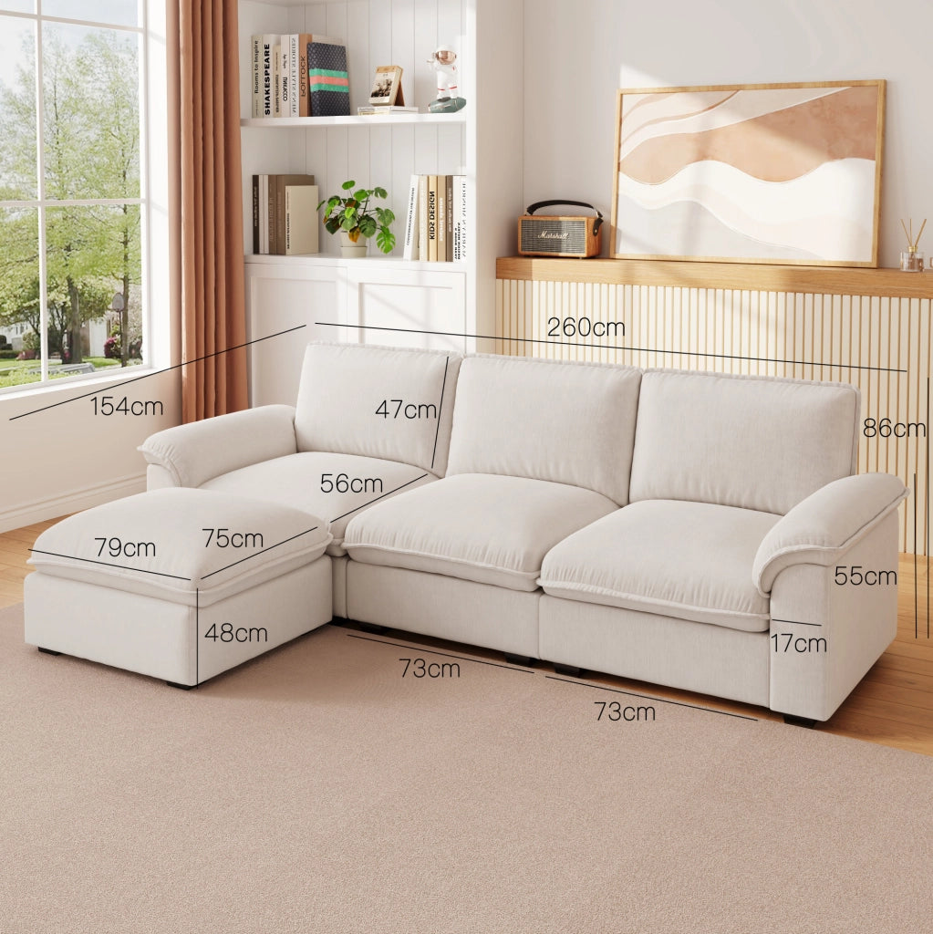 Divano modulare a L 4 posti con chaise longue; in chenille beige; 260x154x86 cm