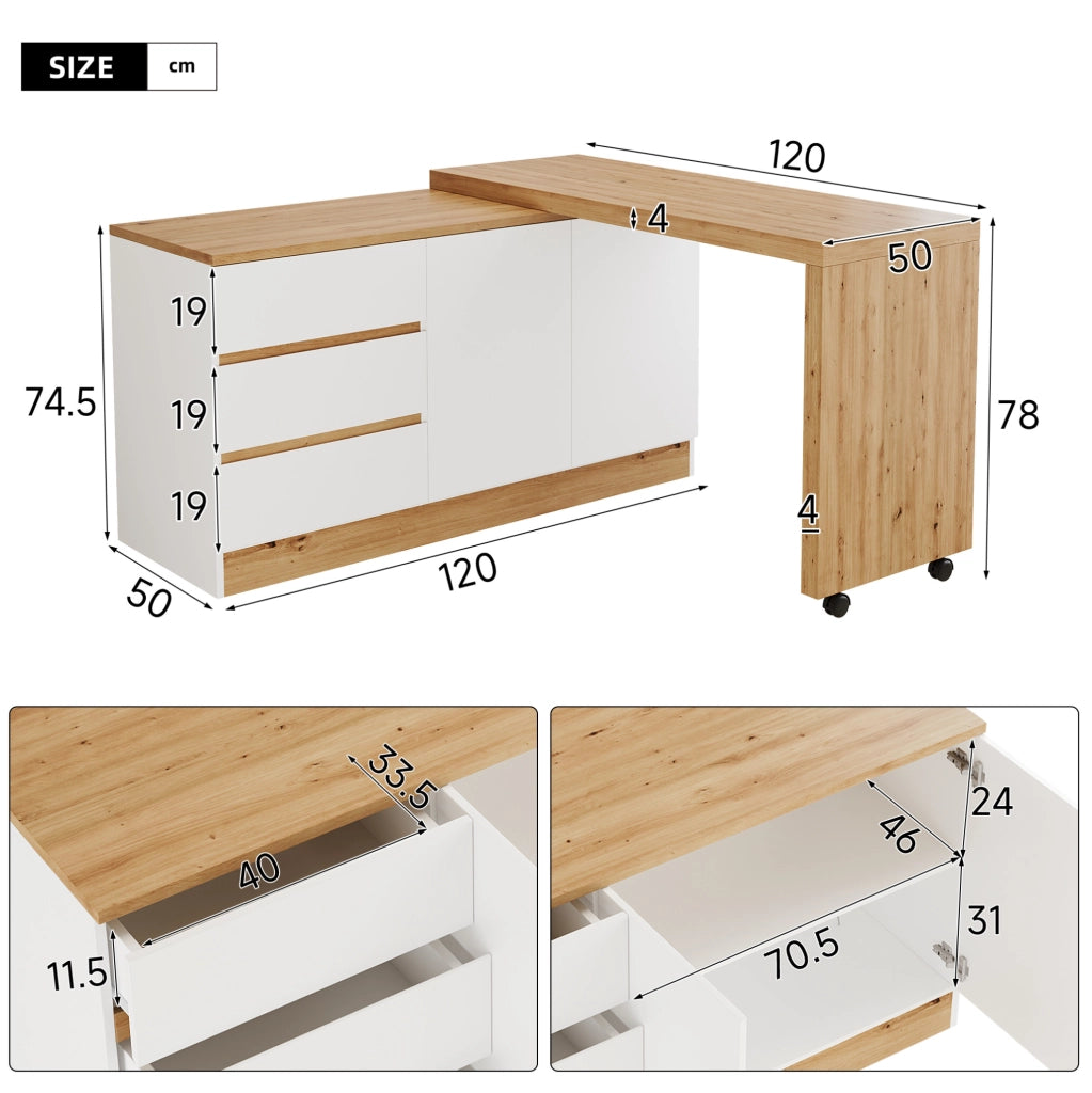 Scrivania pieghevole e girevole con 2 porte e 3 cassetti; 120x50x78 cm; bianco e rovere; in pannello truciolare
