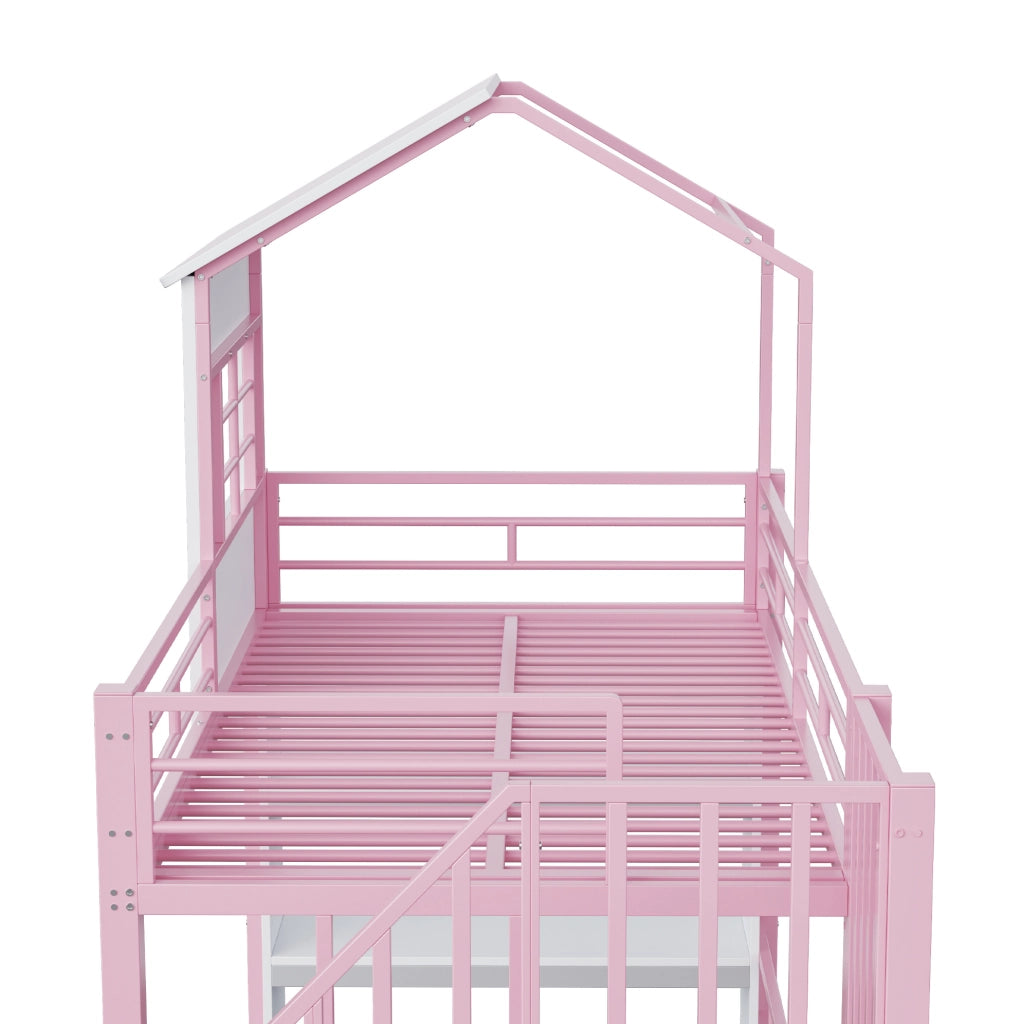 Letto a soppalco multifunzione 90x200 cm con scala contenitore e ripiani; rosa