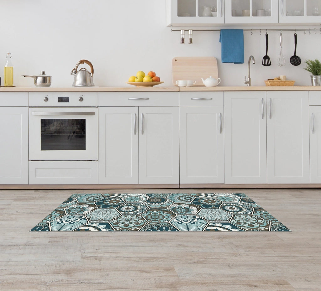 Tappeto Cucina Antiscivolo Made in Italy Passatoia Antimacchia Multiuso Corridoio Soggiorno Lavabile in Lavatrice - 50x200 - Esagoni ottanio