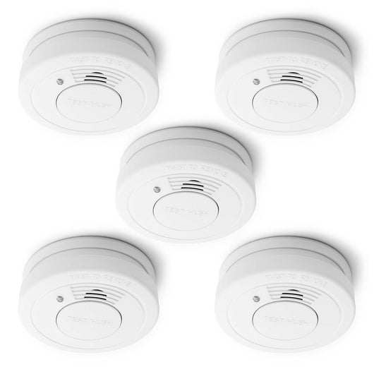 Set 5x Rilevatore di fumo con batteria da 9 V, allarme antincendio con funzione HUSH, sensore antifumo fotoelettrico affidabile con potenza sonora di 85 dB