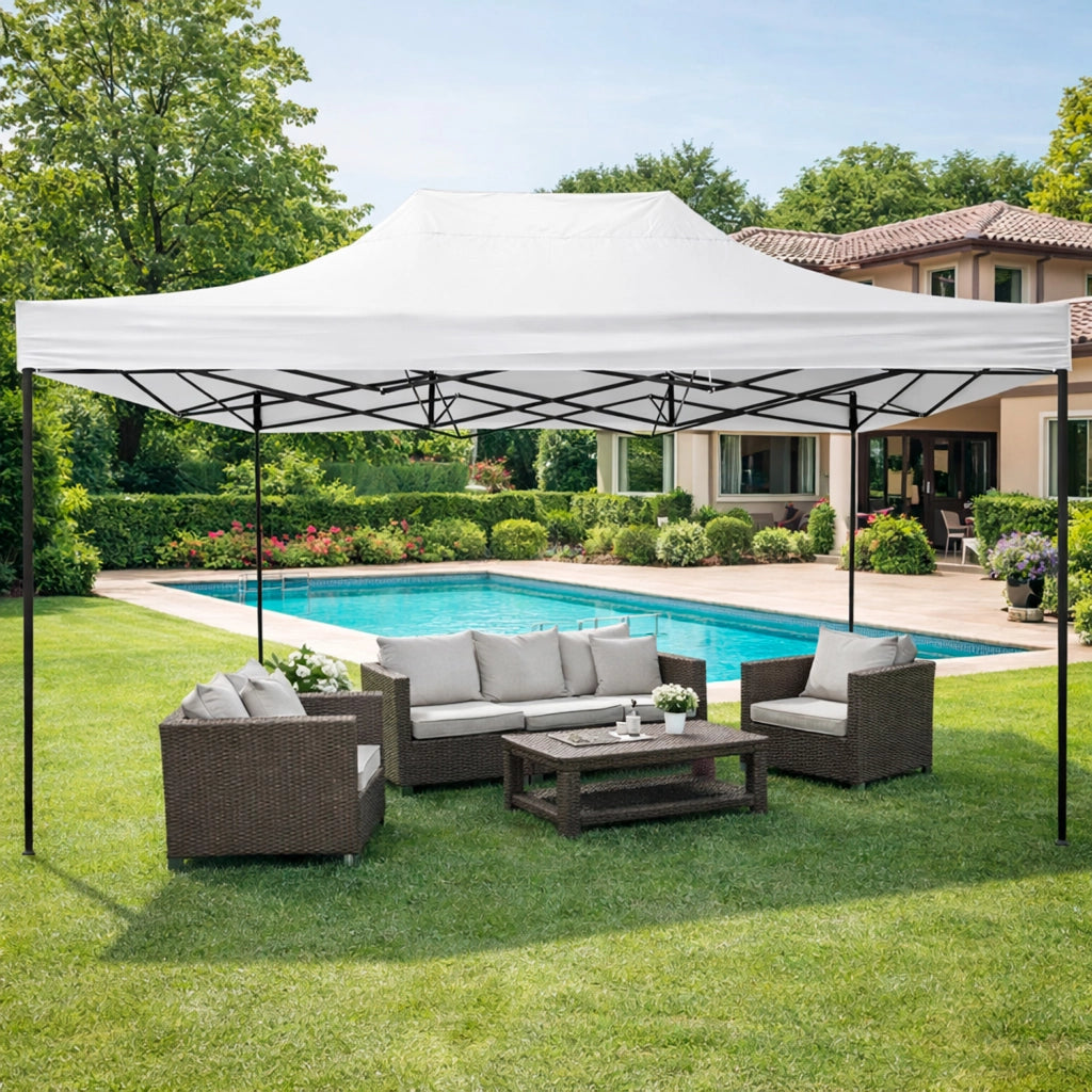 Gazebo Professionale Con Struttura A Fisarmonica Richiudibile Automatico In Acciaio E Telo Oxford 1200D PVC Impermeabile E Anti UV Dotato Di Sacche Zavorra E Borsa Trasporto Per Sagre Feste Eventi 3x4.5 M Bianco