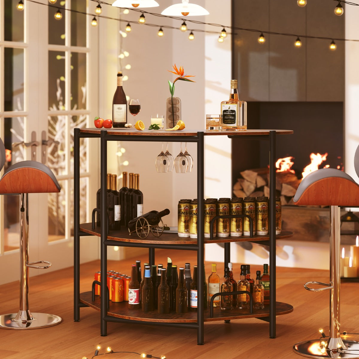 Tavolo da bar con portabicchieri e mensole di stoccaggio-Tavolo da bar a 3 ripiani con struttura in metallo Marrone