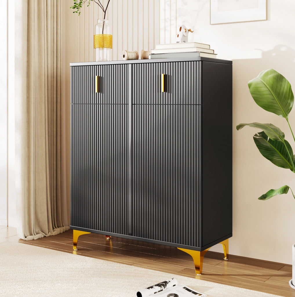 Credenza nera in pannello truciolare con 2 cassetti; 2 ante e ripiani regolabili; 83 × 101 × 35 cm