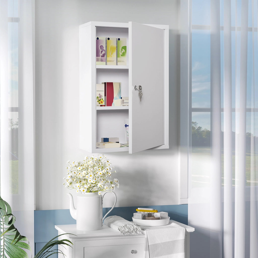 Armadietto portasci medicine da parete con serratura, acciaio bianco, 40x18x60 cm