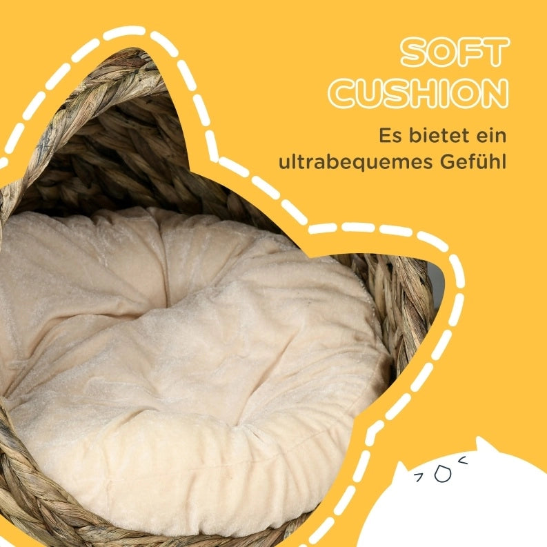 Cuccia rialzata per gatti in giacinto d’acqua con cuscino