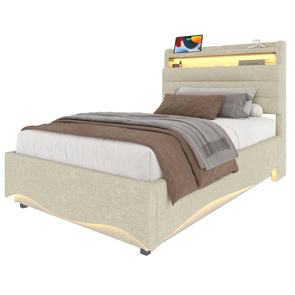 Letto Imbottito con Contenitore ¨C MINIMAL ¨C Tessuto Beige, LED, Idraulico, USB, 90x200