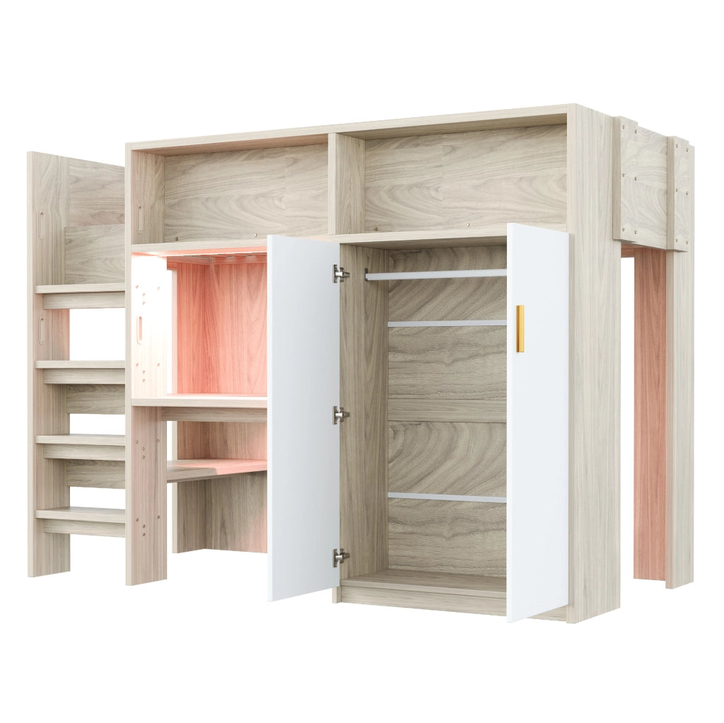 Letto a soppalco 90x200 cm con scrivania, armadio, ripiani e LED in MDF color legno