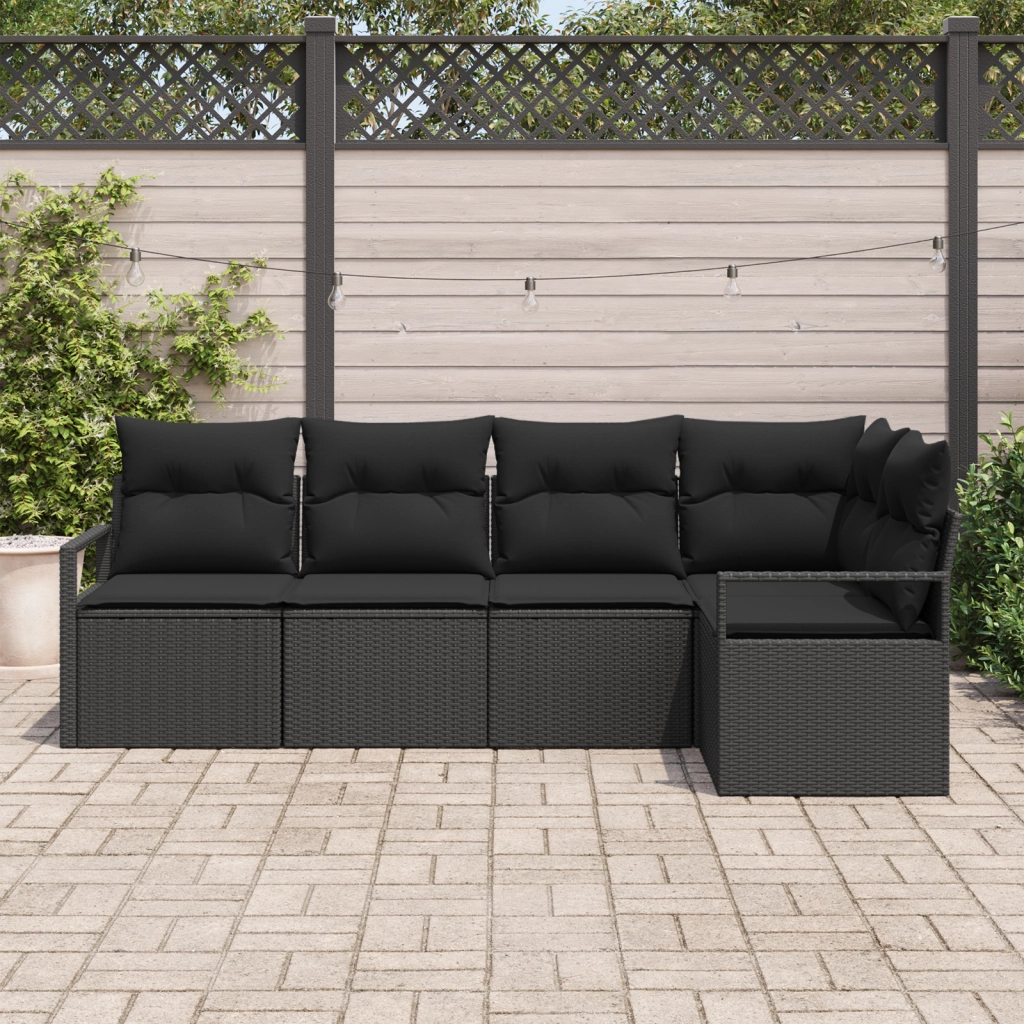 Set divani giardino  5 pezzi con cuscini neri in polyrattan