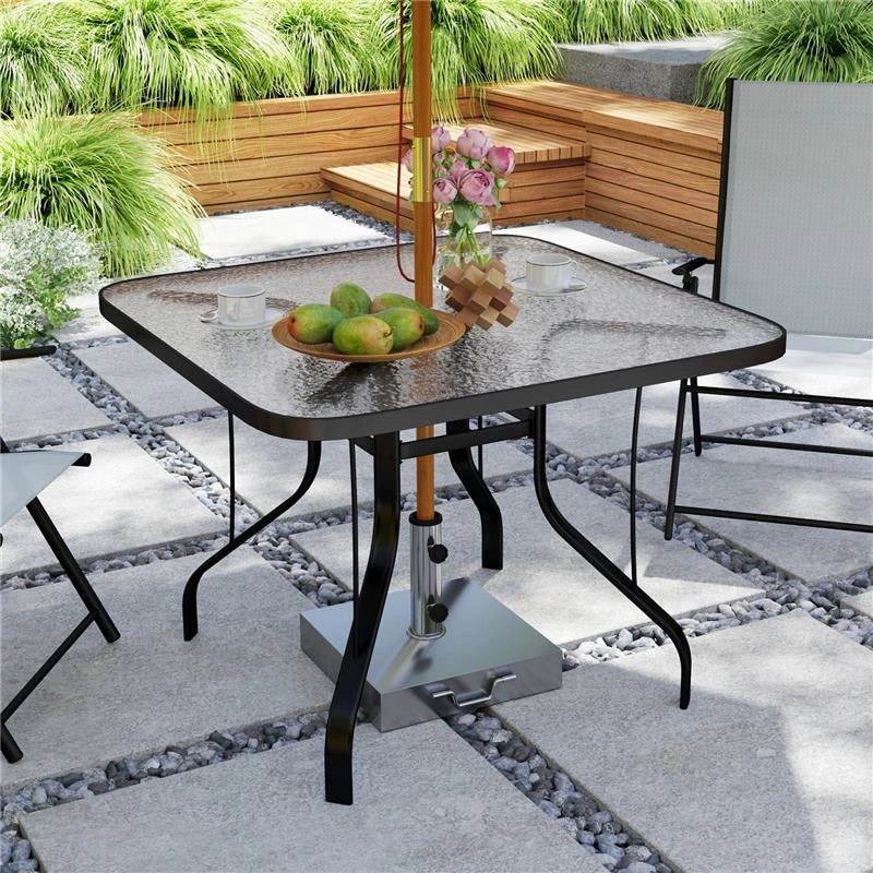 TAVOLO DA GIARDINO QUADRATO A 4 POSTI CON PIANO IN VETRO E FORO PER OMBRELLONE Ø 54 MM NERO
