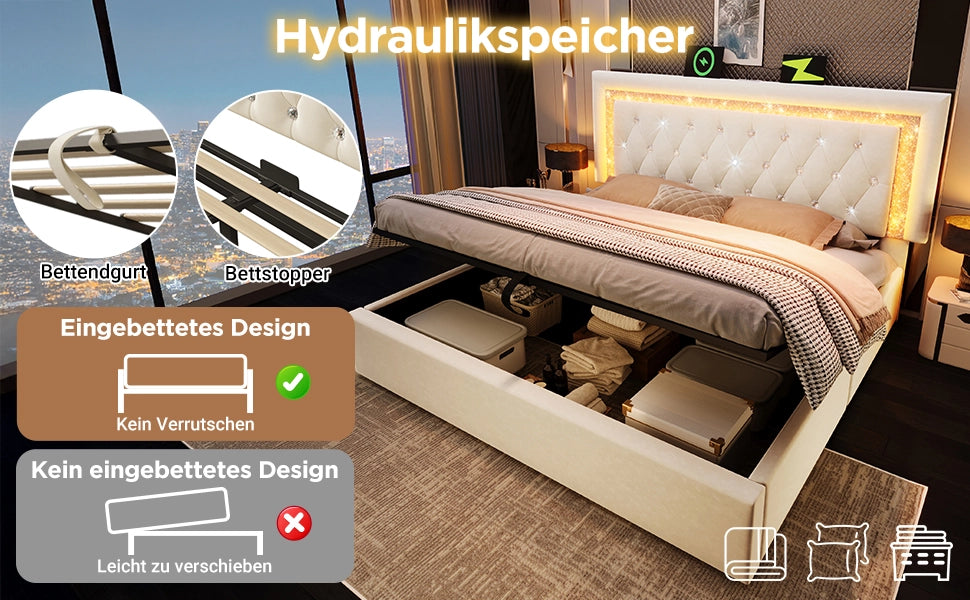 DESMIU Letto contenitore 180 × 200 cm 2 posti con LED, USB e USB-C, testiera regolabile, senza materasso, in velluto, beige