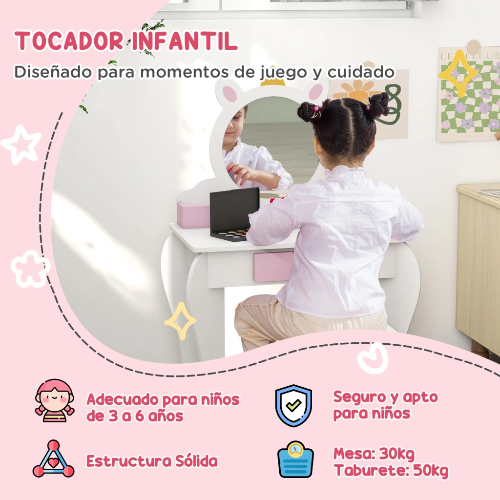 Tocador per bambini con specchio e sgabello ¨C zephmum ¨C design unicorno bianco