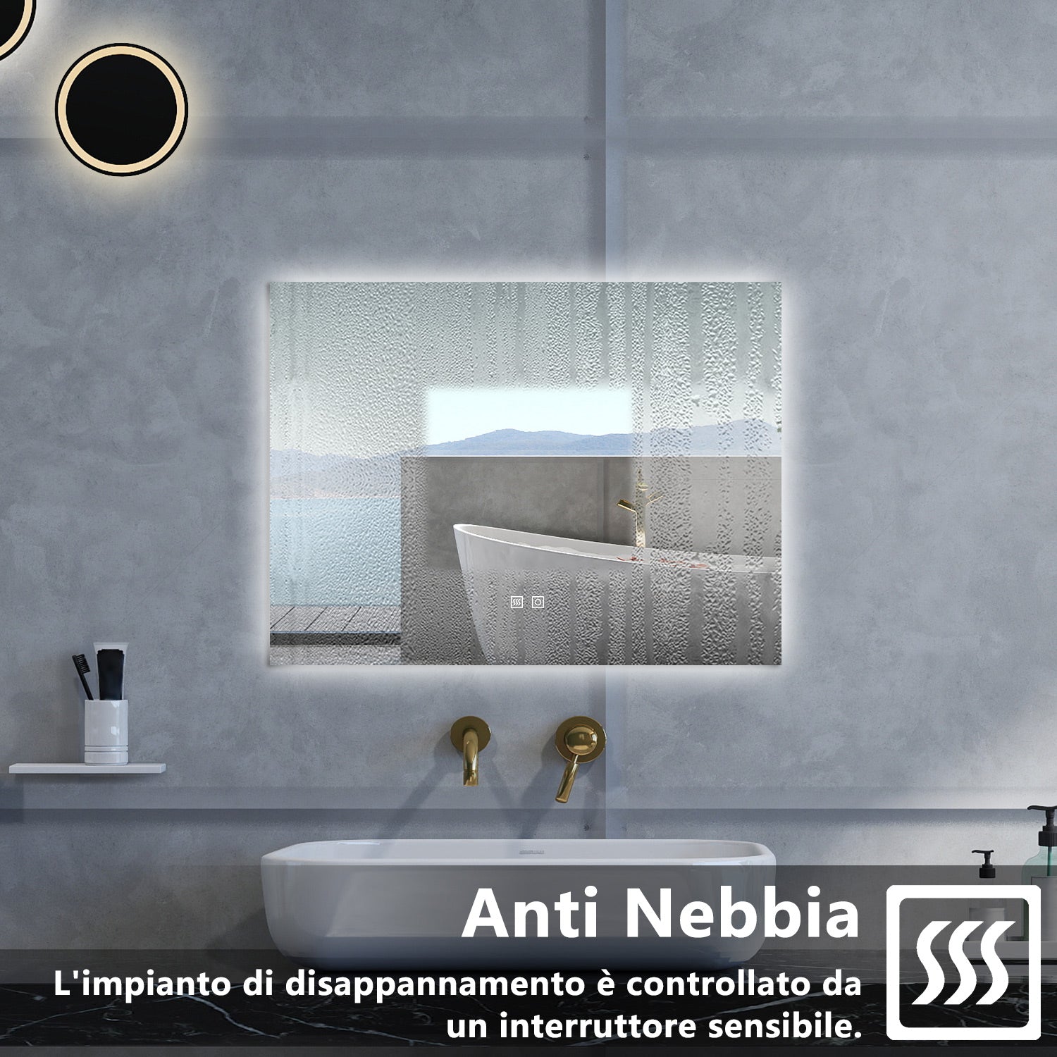 Specchio da bagno Rettangolare con 80x60cm,3 colori,Memoria, Antifog,Regorabile,Retroilluminato,doppio interruttore,