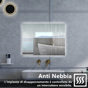 Specchio da bagno Rettangolare con 80x60cm,3 colori,Memoria, Antifog,Regorabile,Retroilluminato,doppio interruttore,