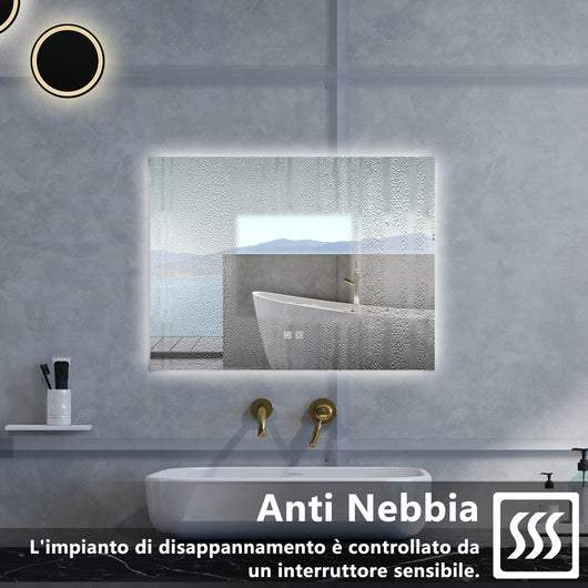 Specchio da bagno Rettangolare con 80x60cm,3 colori,Memoria, Antifog,Regorabile,Retroilluminato,doppio interruttore,