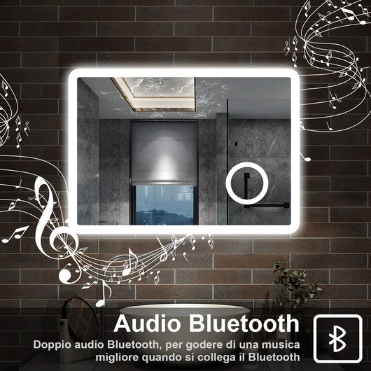 100 x 60 cm,AICA Specchio da Bagno LED con Luce, 3 Colori Regolabili,Blue tooth, Ingrandimento,memoria, antiappannamento,CRI>90,autospegnimento