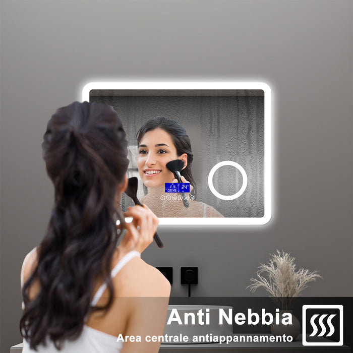 AICA Specchio da bagno  80 x 60 cm, dimmerabile, Blue tooth, Funzione Memoria, antiappannamento, 3 colori, Magnificatore,  orologio