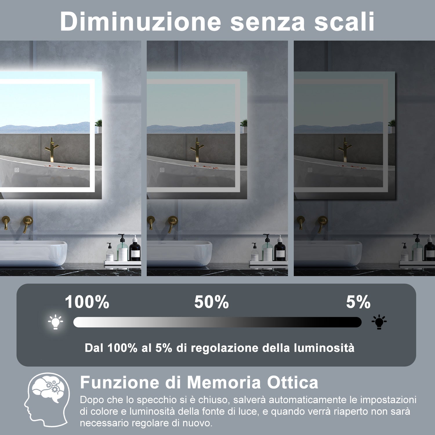 Specchio da bagno Rettangolare con 100x60cm,Memoria, Antifog,Regorabile,Retroilluminato,doppio interruttore,