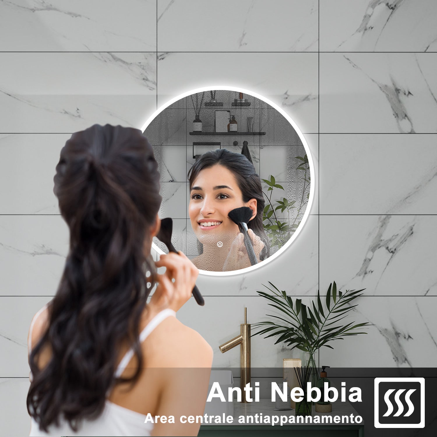AICA Specchio da bagno 100 x 100 cm, antiappannamento, dimmerabile, interruttore touch, Funzione Memoria