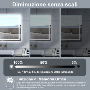 Specchio da bagno Rettangolare con 80x60cm,Memoria, Antifog,Regorabile,Retroilluminato,doppio interruttore,