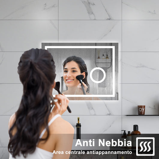 AICA Specchio da bagno  80 x 60 cm, dimmerabile, Blue tooth, Funzione Memoria, antiappannamento, 3 colori, Magnificatore