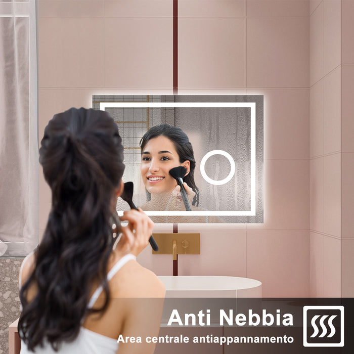 AICA Specchio da bagno  80 x 60 cm, dimmerabile, Blue tooth, Funzione Memoria, antiappannamento, 3 colori, Magnificatore