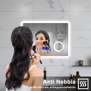 AICA Specchio da bagno  80 x 60 cm, dimmerabile, Blue tooth, Funzione Memoria, antiappannamento, 3 colori, Magnificatore,  orologio