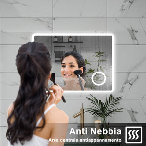AICA Specchio da bagno  60 x 80 cm, dimmerabile, Blue tooth, Funzione Memoria, antiappannamento, 3 colori, Magnificatore