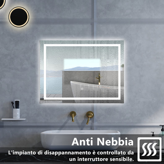 Specchio da bagno Rettangolare con 120x80cm,3 colori,Memoria, Antifog,Regorabile,Retroilluminato,doppio interruttore,