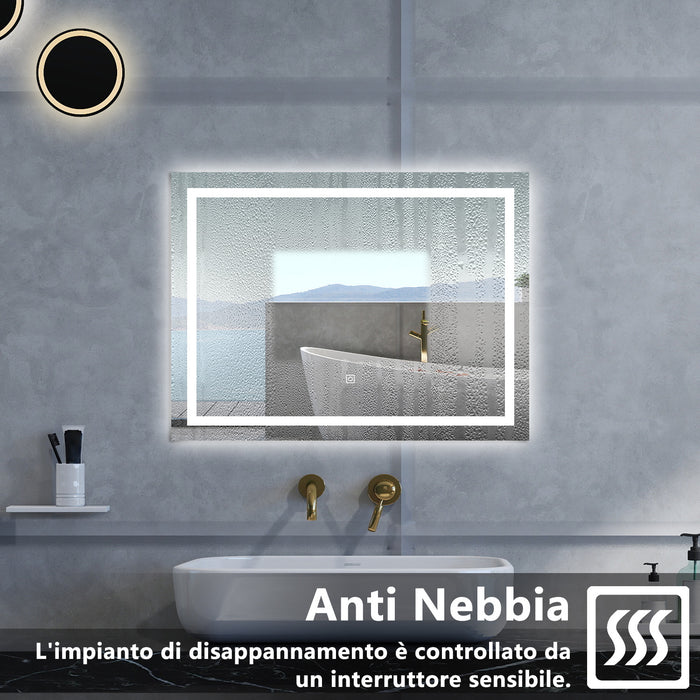 Specchio da bagno Rettangolare con 120x80cm,3 colori,Memoria, Antifog,Regorabile,Retroilluminato,doppio interruttore,