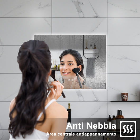 AICA Specchio da bagno 80 x 60 cm, dimmerabile, Funzione Memoria, antiappannamento, 3 colori