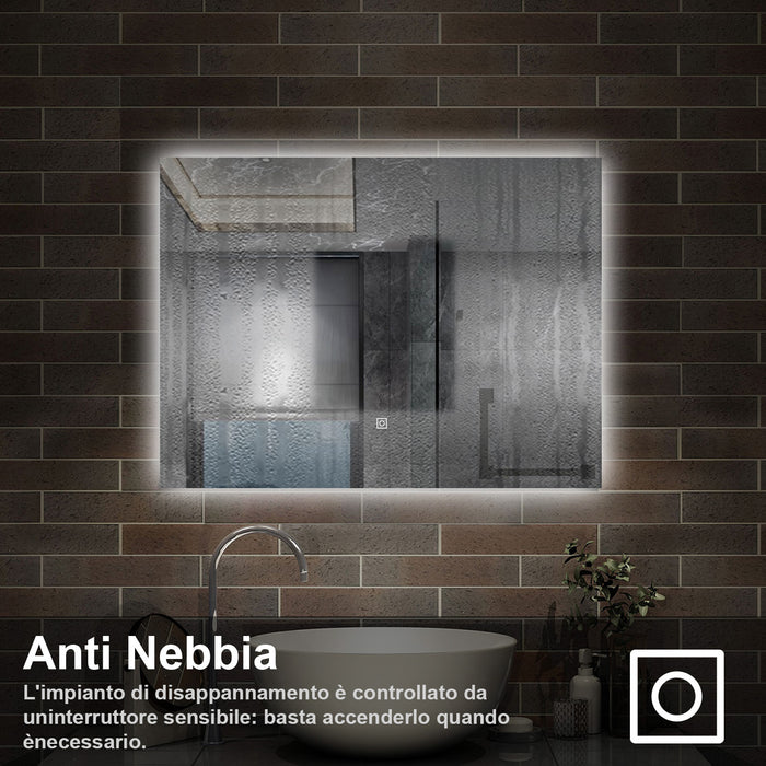 80 x 60 cm,AICA Specchio da Bagno LED con Luce, memoria, antiappannamento,CRI>90,autospegnimento,interruttore touch