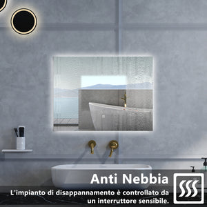 Specchio da bagno Rettangolare con 90x70cm,Memoria, Antifog,Regorabile,Retroilluminato,doppio interruttore,