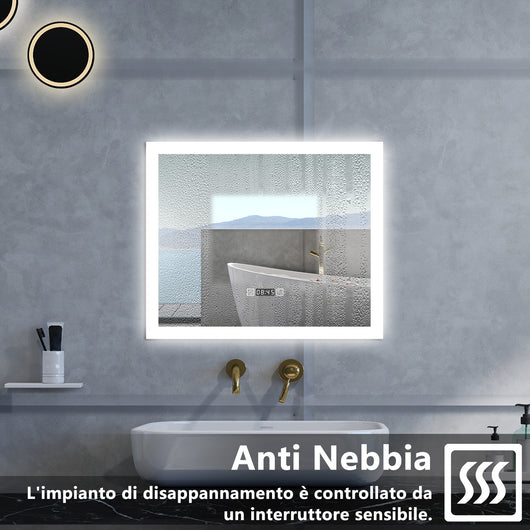 Specchio da bagno Rettangolare con 120x70cm,orologi,3 colori,Memoria, Antifog,Regorabile,Retroilluminato,doppio interruttore,