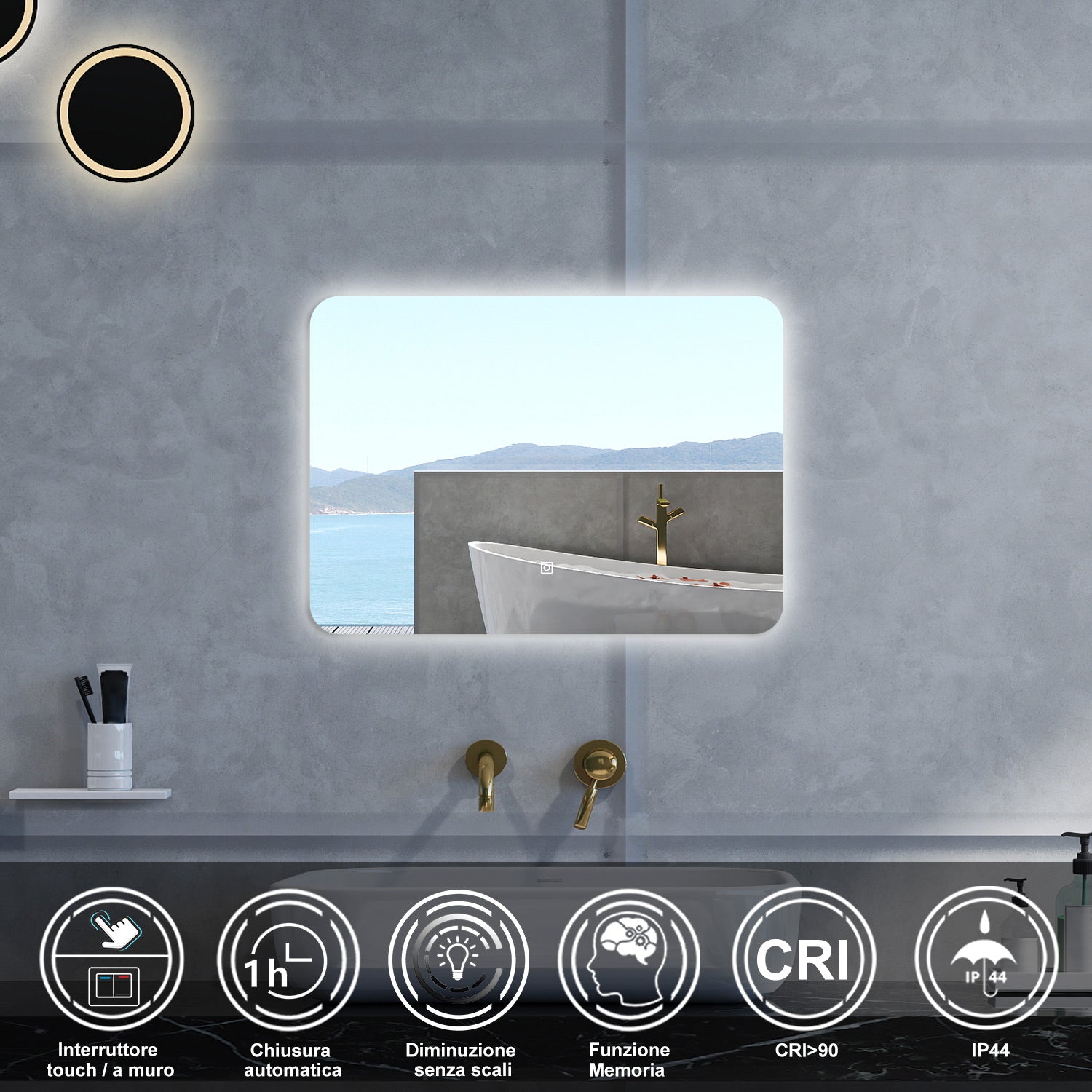Specchio da bagno Rettangolare con 70x50cm,Memoria,Regorabile,Retroilluminato,doppio interruttore,HD temperato