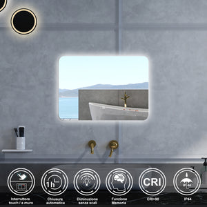 Specchio da bagno Rettangolare con 70x50cm,Memoria,Regorabile,Retroilluminato,doppio interruttore,HD temperato