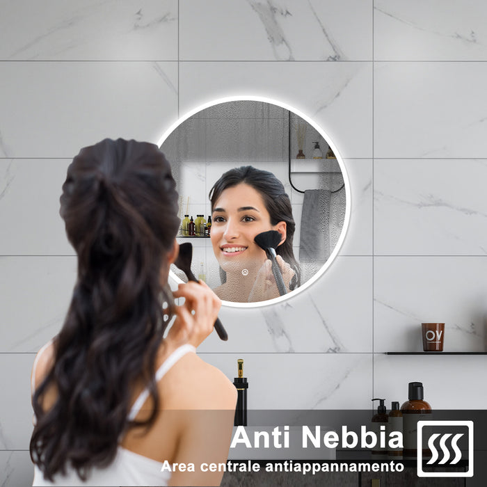 AICA Specchio da bagno 90 x 90 cm, antiappannamento, dimmerabile, interruttore touch, Funzione Memoria