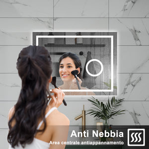 AICA Specchio da bagno  80 x 60 cm, dimmerabile, Blue tooth, Funzione Memoria, antiappannamento, 3 colori, Magnificatore