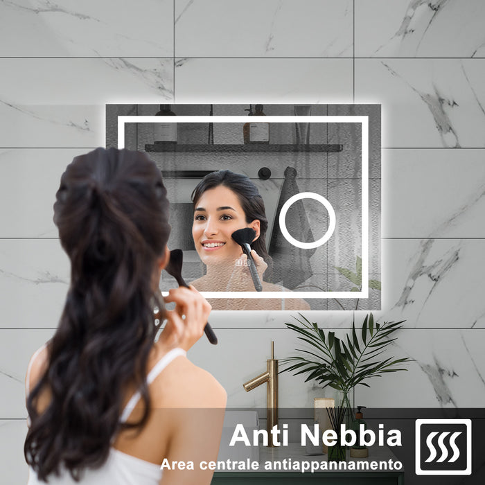 AICA Specchio da bagno  80 x 60 cm, dimmerabile, Blue tooth, Funzione Memoria, antiappannamento, 3 colori, Magnificatore