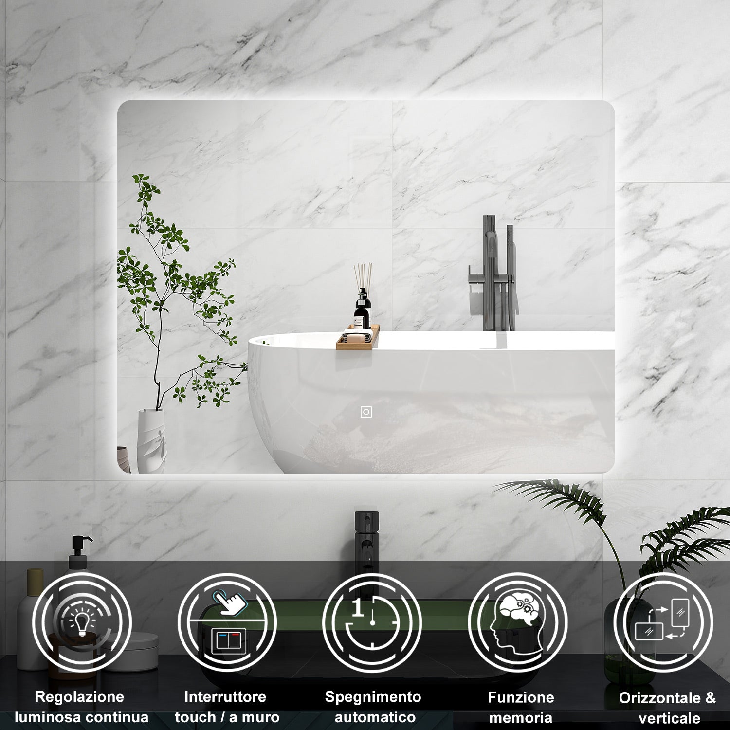 AICA Specchio da bagno 90 x 60 cm, Regorabile, interruttore touch, Funzione Memoria